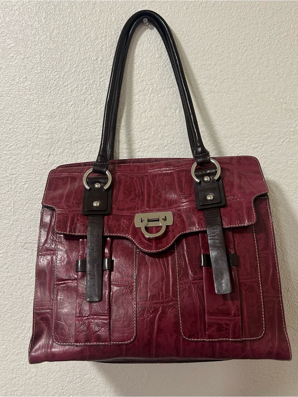 Kate Landry Burgundy Shoulder Bag with Dark Brown Straps